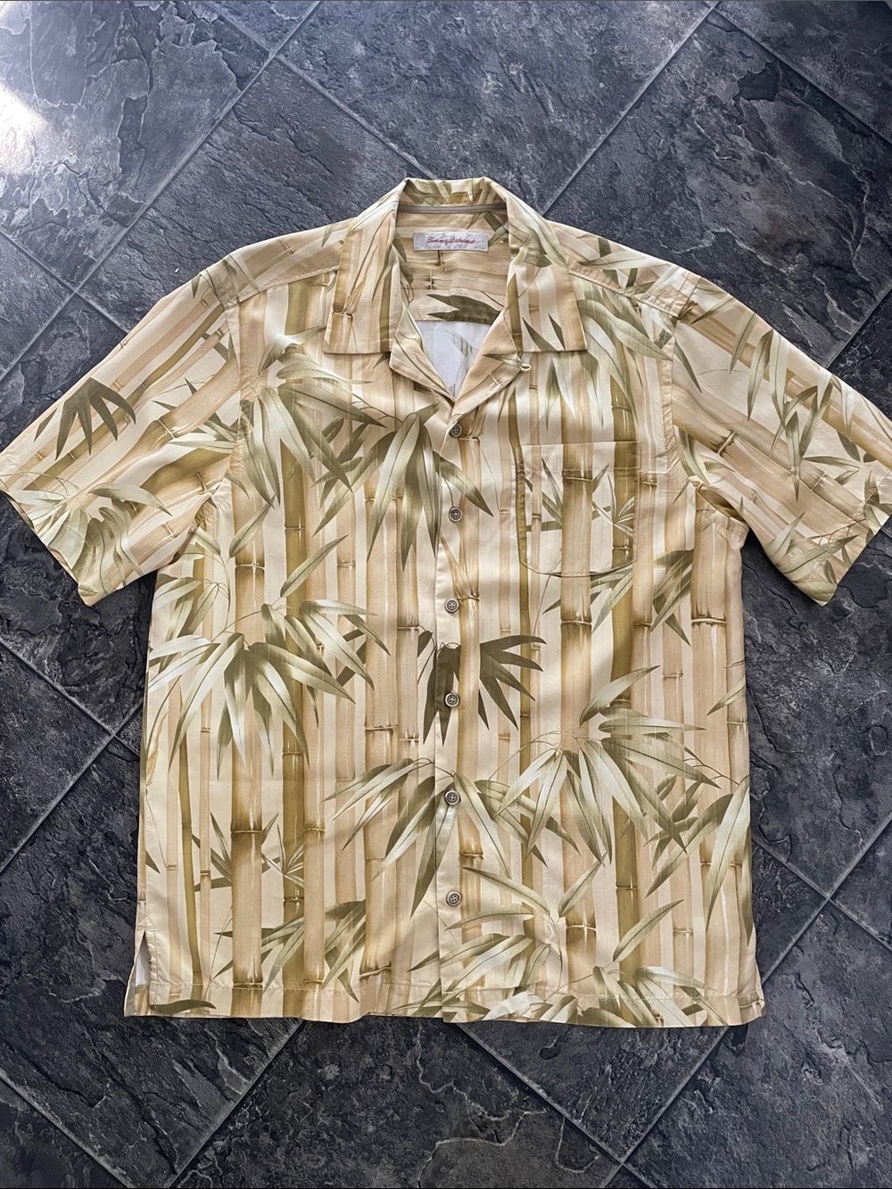 TOMMY BAHAMA Silk Bamboo Print Resortwear Coastal Classic Holiday Camp Shirt